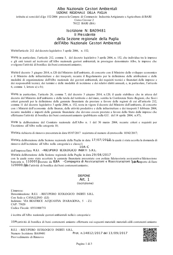 REI Srl - Autorizzazione Albo G. A. 10 A C