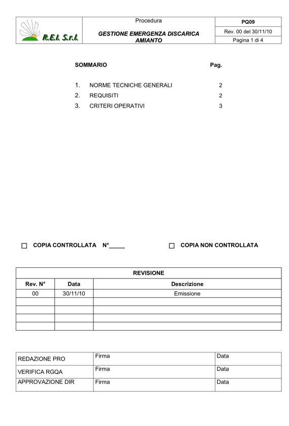 REI Srl - Procedura Gestione Emergenza Discarica Amianto