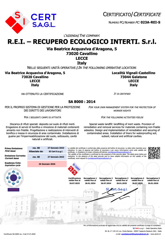 REI Srl - Certificato SA800