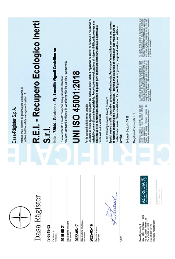 REI Srl - Certificazione ISO 45001:2018